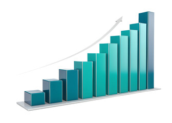 3d teal blue bar chart showing upward trend with arrow indicating growth and success isolated on transparent background