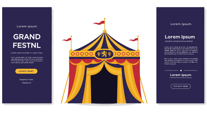 Illustration of a colorful circus tent with banners on a white background