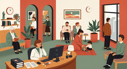 Warm and inviting waiting room scene with diverse people relaxing, reading, playing, and working, perfect for healthcare, family services, or community center branding