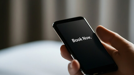 Online Booking: A hand holds a smartphone displaying the words "Book Now", suggesting immediate action for travel, tickets, or reservations.