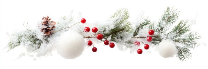 Frosted winter berries and pine branches with snow-covered pine cones on white background