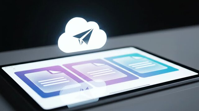 e-Invoicing Flow (B2B): tablet send puck lifts a document tile into a cloud bubble and leaves a sparkle at origin; studio-clean metals and glass keep the B2B message elegant and unmistakable.