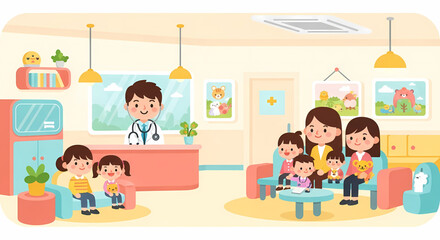 Adorable cartoon doctor welcomes families with children in a friendly clinic waiting room, offering reassurance and care in a cheerful atmosphere