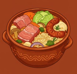 Hearty stew with meat, sausage, and cabbage in a rustic pot.