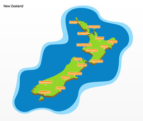 3d vector illustration of a colorful touristic map of New Zealand country shape 