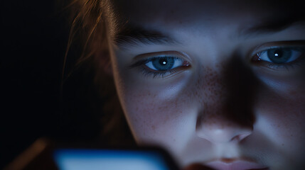 Close-up of a focused face illuminated by a screen in the dark. Features blue eyes and freckles. Mysterious and intimate portrait.