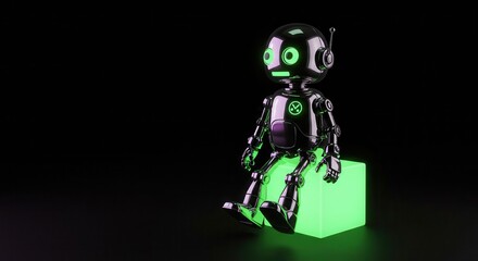 Obraz premium Shiny robot with glowing green cube sits on dark background.