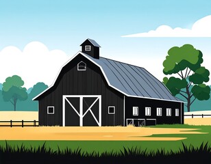 Black barn in a rural landscape.  Blue sky, puffy clouds