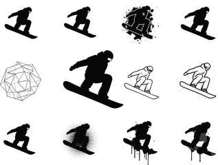 Snowboarding silhouette set, freestyle action poses, artistic snowboarder illustrations, halftone, splatter, geometric, dripping paint effects, black and white vector collection