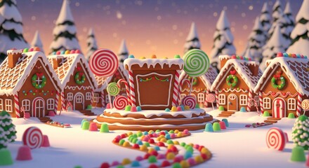 Gingerbread Village Display with Candy Details in a Snowy Winter Landscape Scene