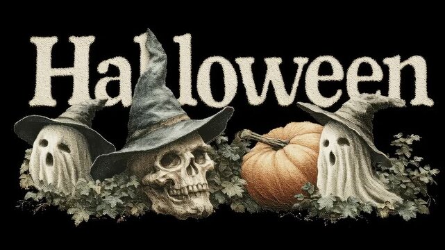 Halloween lettering and illustrations of realistic ghosts, human skull in witch hats and pumpkin in leaves. Signboard, introduction, logo on black background in retro, vintage style. Slow motion anima