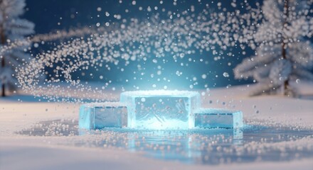 Icy Podium Display with Glowing Light and Snowfall Against Winter Background