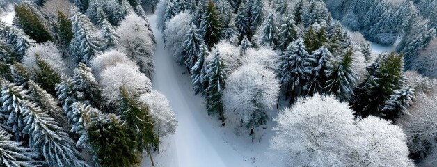 Snow-covered forest path winding through tall pine and birch trees in a serene winter landscape during midday