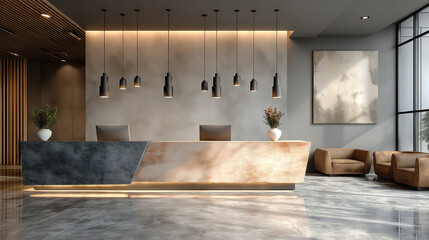 A modern office reception with a sophisticated atmosphere and a welcoming polished receptionist