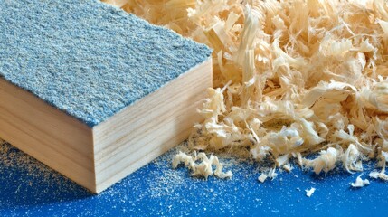 sandpaper. Sandpaper on a wooden board edge with wood shavings, contrasting raw and finished surfaces. safety posters.