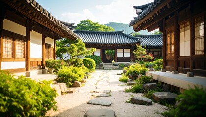 Obraz premium Traditional Korean house courtyard features stone pathways and tiled roofs