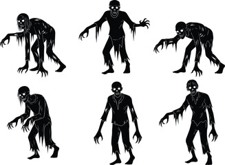 Zombie silhouette vector illustration, horror undead characters, Halloween graphic design, spooky monster clipart, creepy walking zombies, scary black figures, eerie poses