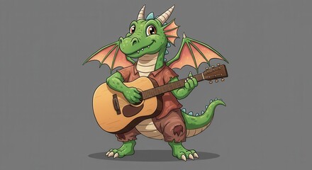 Fototapeta premium Green cartoon dragon plays acoustic guitar with wings spread.