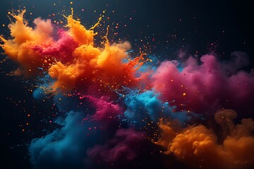 Vibrant explosion of colorful powder paint clouds swirling and bursting against a dark background creating a dynamic and energetic abstract composition