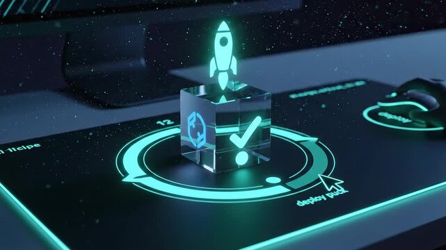 Headless Commerce (Multi-Channel): drag-and-drop content chip to armed channels; outward lines glow then idle with an availability badge, staging omnichannel harmony in pure icon language.