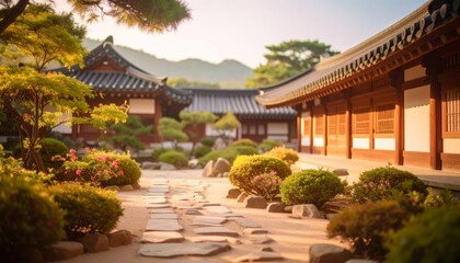 Fototapeta premium Traditional Korean house courtyard features stone pathways and tiled roofs