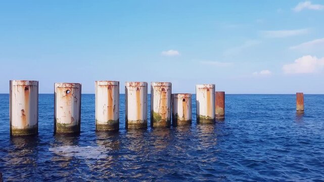 Seaside landscape of Baltic sea coast with calm waves rolling on huge metal piles forming shore protection dam construction under clear blue sky at summer day. No people seascape natural background.