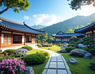 Fototapeta premium Traditional Korean house courtyard features stone pathways and tiled roofs