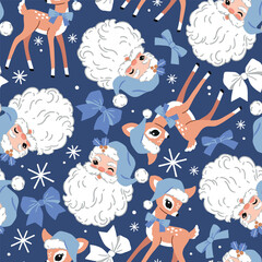 Seamless vector pattern with vintage Santa Claus and cute Christmas deer. Hand drawn retro Christmas pattern. Perfect for textile, wallpaper or nursery print design. EPS10 vector file.