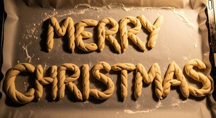 Merry Christmas written with dough on baking sheet. Home. Cooking holiday meal