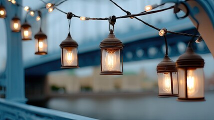 Obraz premium Decorative string lights illuminate a riverside bridge during twilight, creating an inviting atmosphere for evening strolls and gatherings