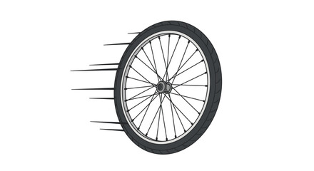 Moving bicycle wheel graphic with speed lines isolated on white background