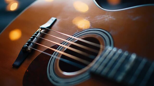 Acoustic guitar strings and sound hole close up bokeh