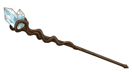 Mystical wooden staff with sparkling crystal gems isolated on white