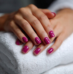 A close-up photograph a pair of hands, delicately crossed, showcasing a perfectly executed French manicure with glossy, oval-shaped nails.