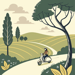 Person Riding a Scooter on a Scenic Country Road