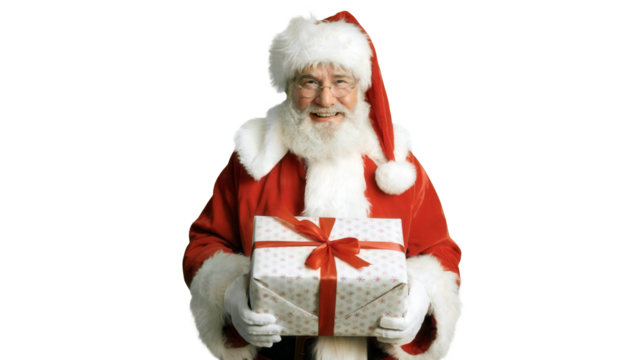 Friendly santa claus holding a wrapped christmas gift with a red ribbon isolated on transparent background