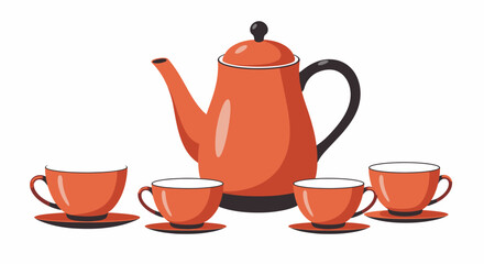 Orange teapot and cups vector illustration of tableware on white