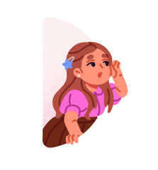 Interested girl looking out from window. Curious child peeking behind wall. Wondering kid with curiosity peeps, listens outside. Flat isolated vector illustration on white background.