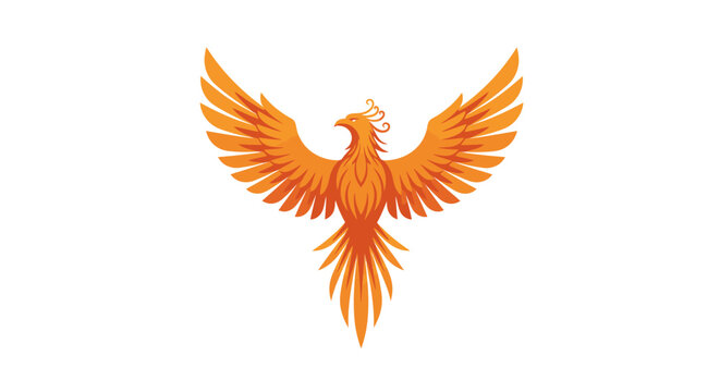 Orange phoenix illustration with wings spread wide against white background