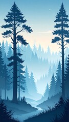 Misty forest scene with tall pines
