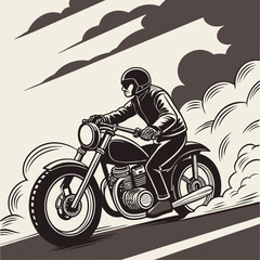 Vintage Motorcycle Rider Illustration in Monochrome