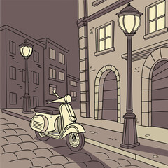 Vintage Scooter Parked on a Cobblestone Street at Night