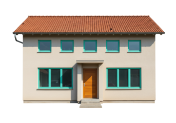 Isolated two story home with bright aqua window trim and terra cotta tiled roof in daylight