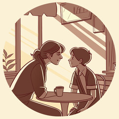 Woman and Child Sharing Coffee in a Sunny Cafe