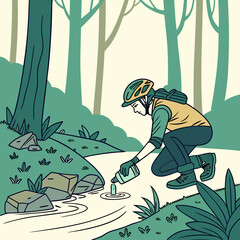 Woman Cyclist Refilling Water Bottle in Forest Stream