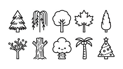 Set of Minimal Line Art Tree Icons and Forest Symbols