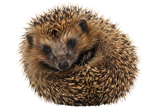 Isolated Hedgehog curled up in a ball, adorable spiny mammal in a defensive position