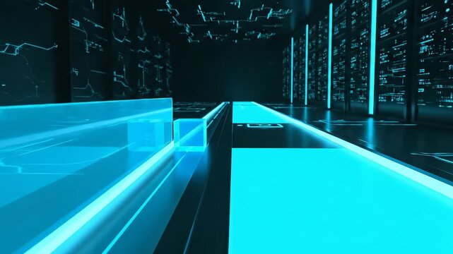 Digital Transformation - MLOps Promotion Guardrailed: Model slides from staging rail to production pad as a scanning shield clears the path; a success tick blinks.