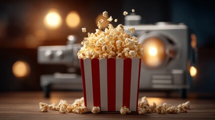 Popcorn box on table next to a vintage movie camera with warm lights in the background