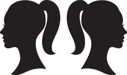Silhouette of two ponytail head profiles facing opposite directions, mirrored female portrait vector ideal for beauty